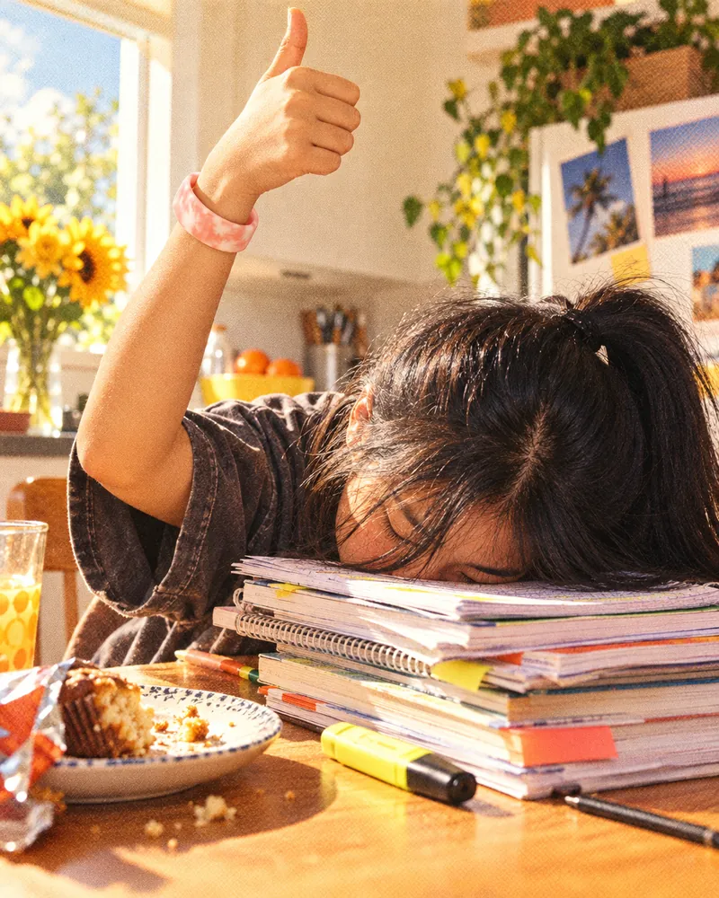A girl face-down on a pile of textbooks at the kitchen table, giving a thumbs up, a peach Sky Loop on her raised wrist