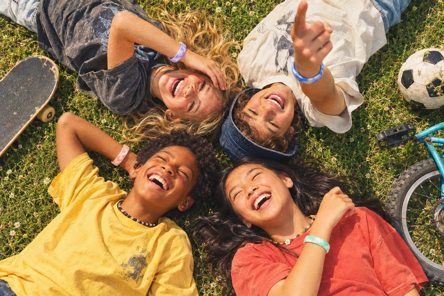 Seen from above: four friends lying on the grass with their heads together, cracking up. One points at the sky. Each wears a Sky Loop, in lilac, mint, peach and cobalt.