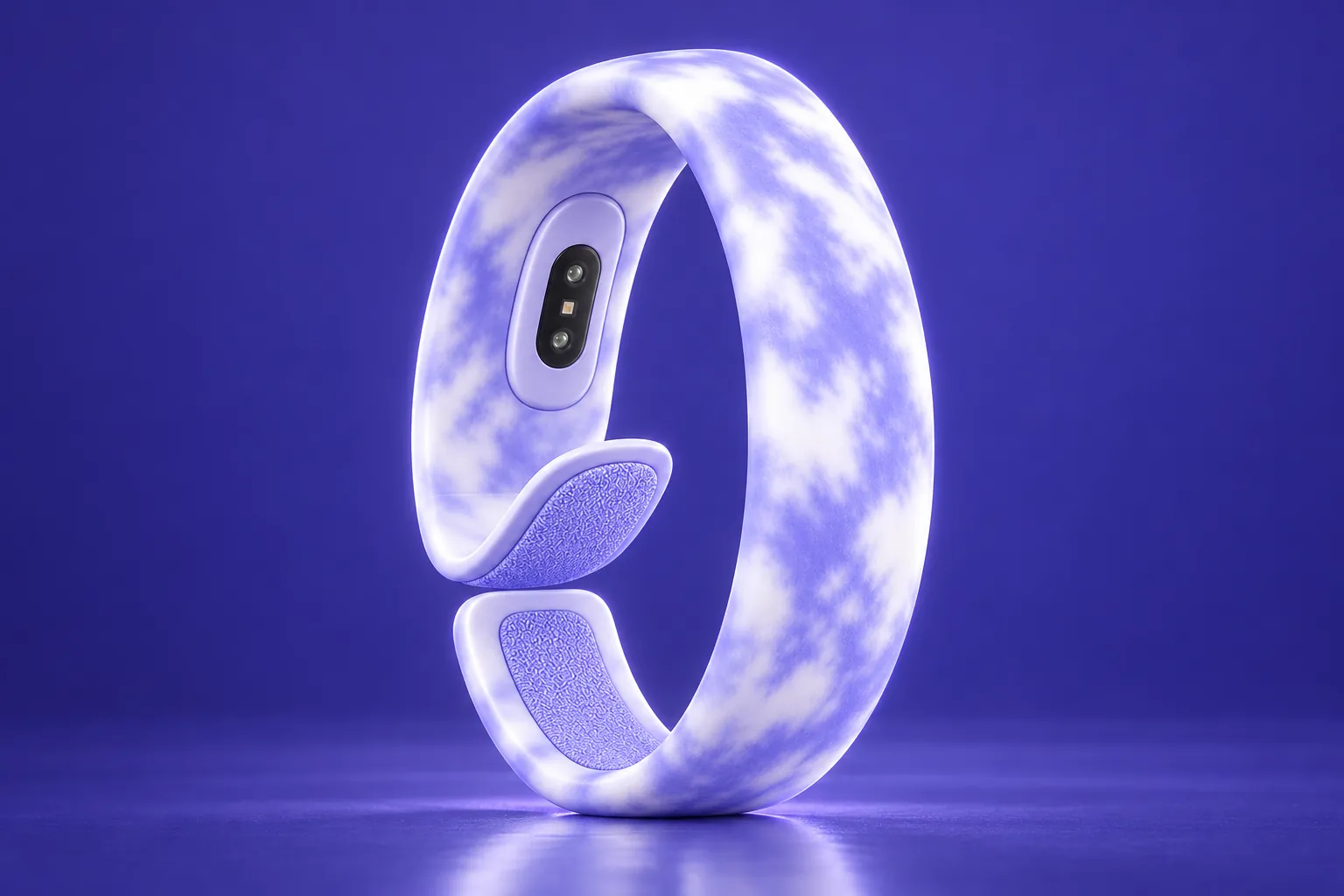 The Sky Loop in Lilac, standing on its edge against a violet backdrop, the sensor visible on its inner side