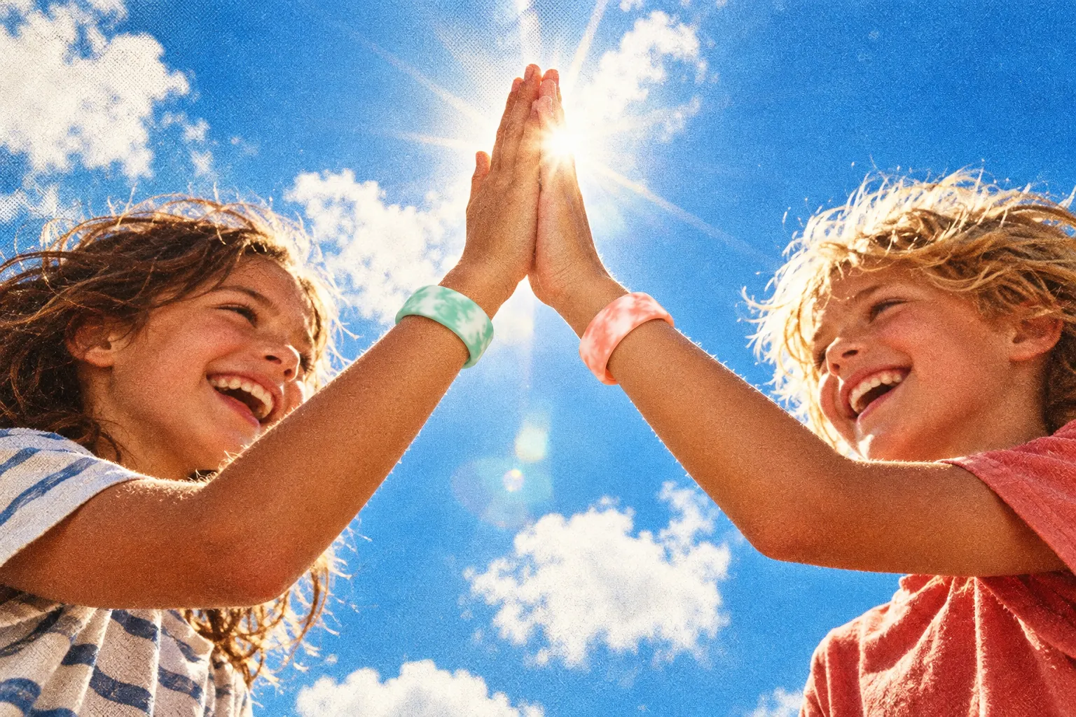 Two kids high-fiving against a blue summer sky, a mint and a peach Sky Loop on their wrists